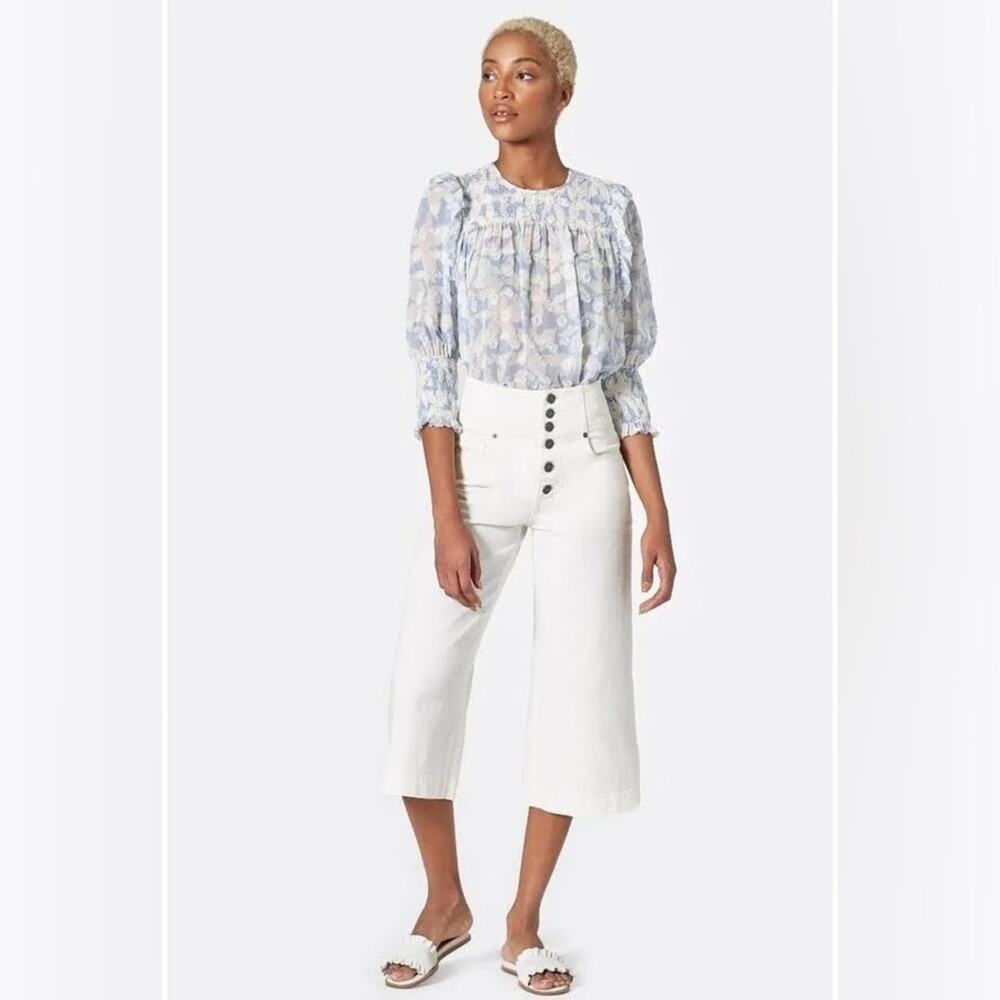 Joie Jamila Silk Blend White Blue Floral Sheer Textures Blouse Womens Size Large
